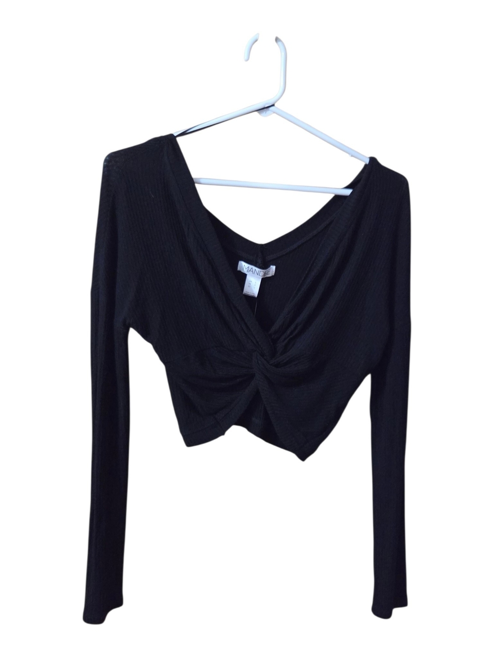 mandee Black Twist-Knot Ribbed Long Sleeve Crop Top